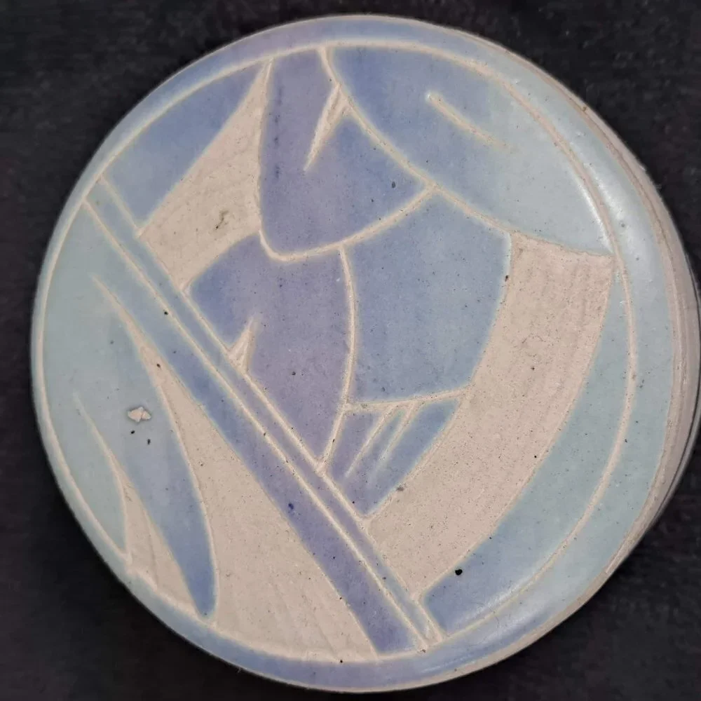 Mexican Acevloza Clay Pottery Trinket Box White Blue Glazed Top Vintage